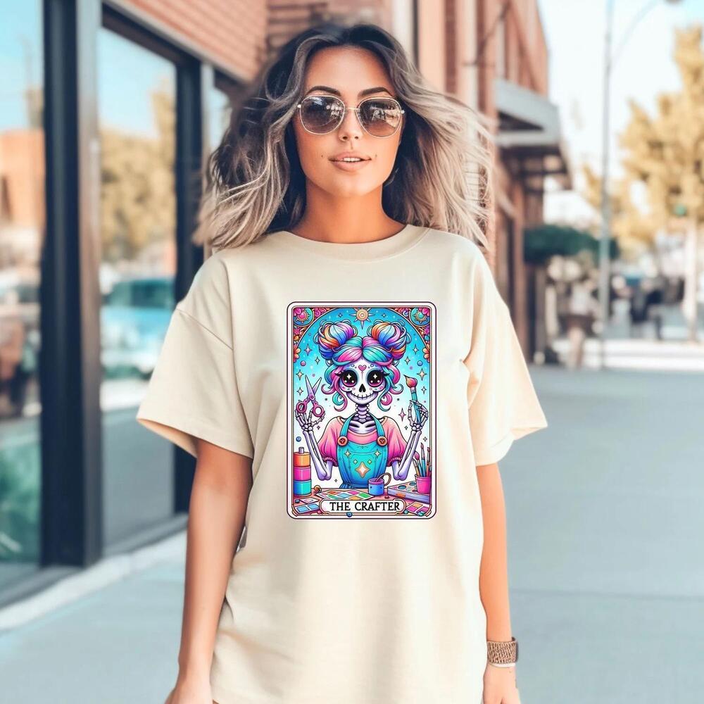 The Crafter Tarot Card Tshirt, Crafting Girl Skeleton Tshirt Trendy Skull